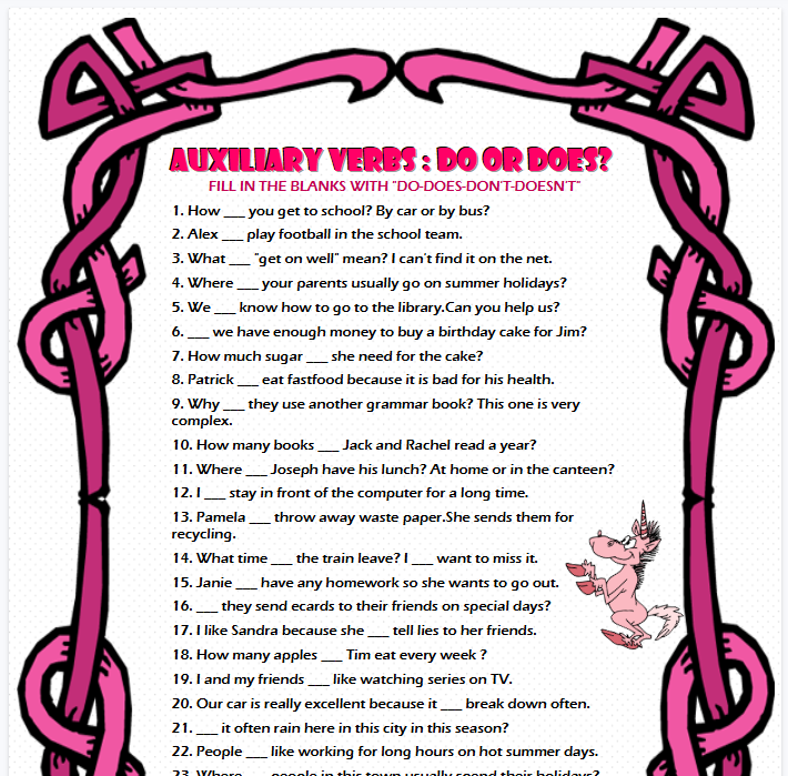 【2页高清彩色版】auxiliary verbs do-does-don't-doesn't【完整可直接打印】语法作业纸63套