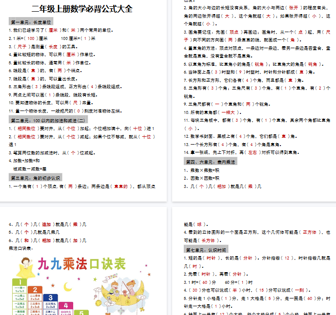 【5页完整版】【2年级上册】数学必背公式大全【期末高清版可直接打印】