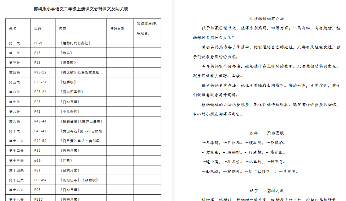 【7页高清完整版】二年级语文上册背诵课文内容及闯关表