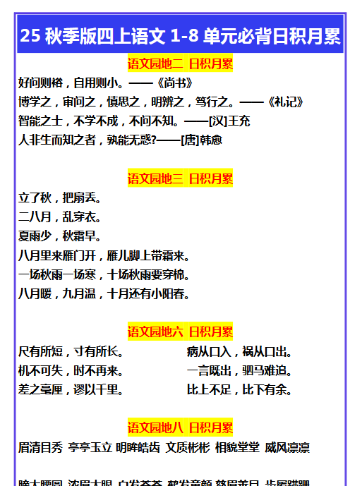 【2025秋新版】四年级上册语文1-8单元必背日积月累