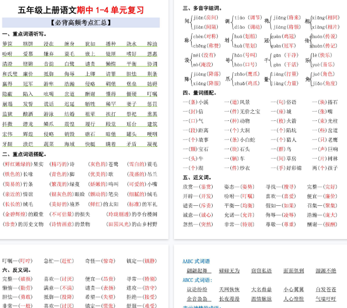 【4页完整版】五上丨语文 期中1-4单元复习考点汇总