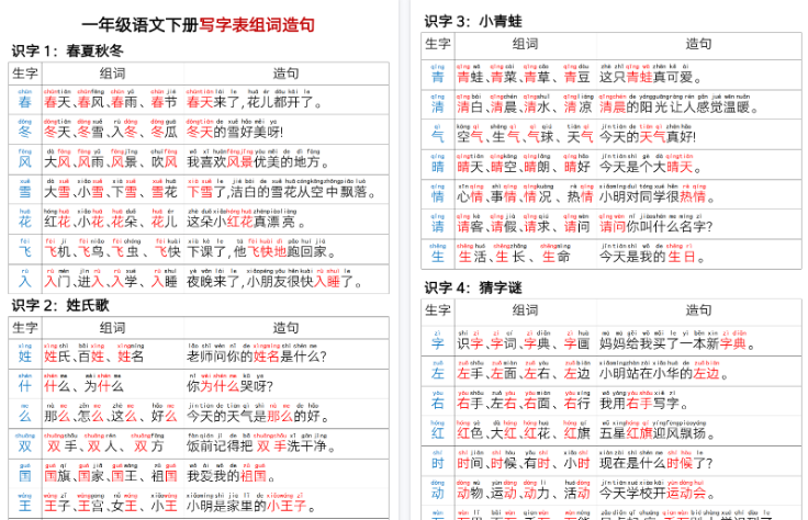 【2026春15页完整版】一年级语文下册写字表组词造句