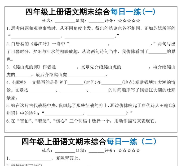 四上语文期末综合每天一练（十天）