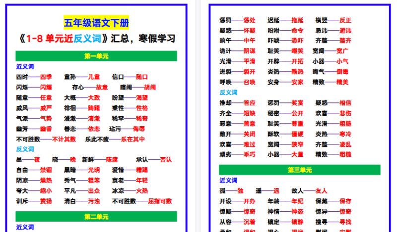 【2026寒假7页】五年级语文下册《1-8单元近反义词》汇总，寒假学习！