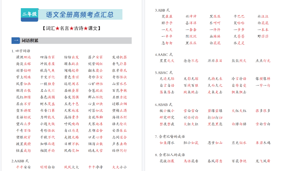 新二上语文全册高频期末考点汇总（词汇名言古诗课文）11页