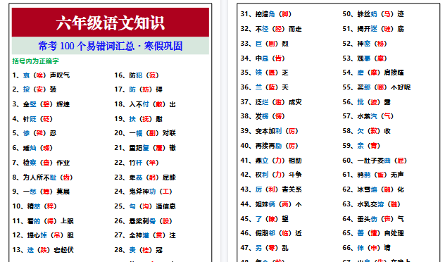 【2026寒假3页】六年级语文常考100个易错词汇总,寒假巩固