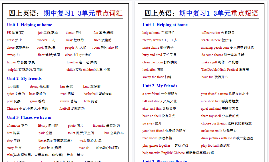 【9页高清完整版】四年级上册英语期中复习知识点