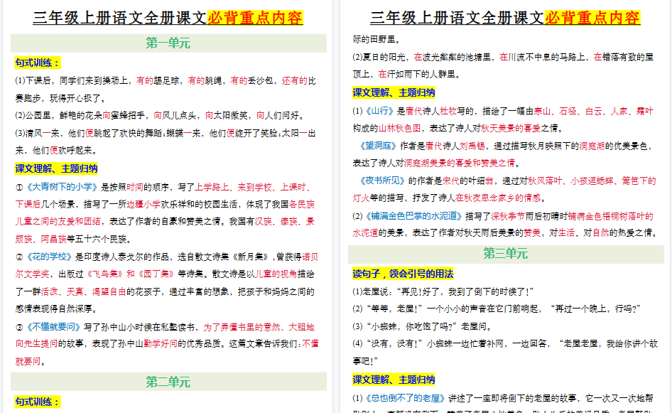 【7页高清完整版】三年级上册语文课文重点知识