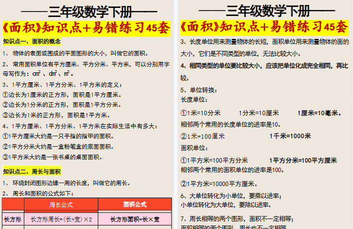 【28页高清完整版】三年级数学下册《面积》知识点归纳+易错练习45套