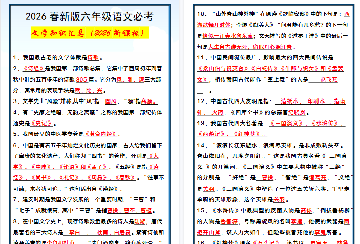 2026春新版六年级语文必考 文学知识汇总