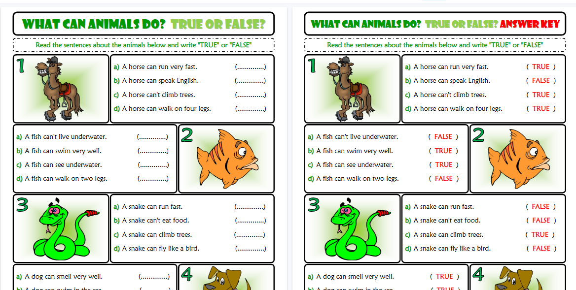 【2页高清彩色版】ability and inability true or false esl exercise worksheet for kids【完整可直接打印】语法作业纸63套