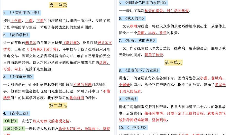 【6页高清完整版】三年级（上）语文  全册课文中心思想汇总