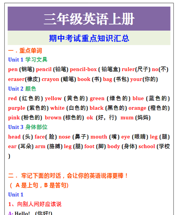 三年级英语上册期中考试重点知识汇总