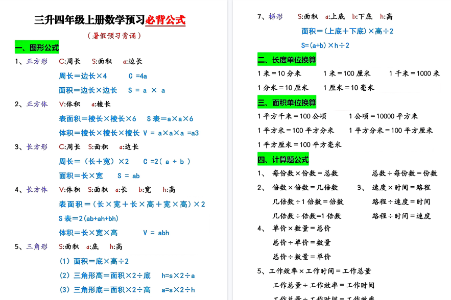 【5页高清完整版】四（上）数学（通用版）必背公式