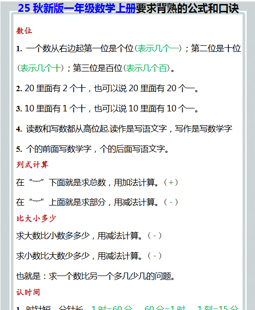 【2025秋新版】一年级数学上册要求背熟的公式和口诀