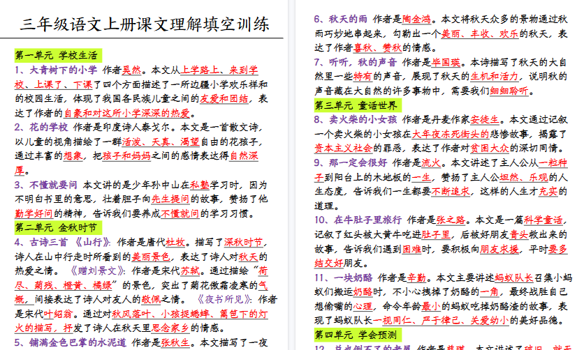【5页高清完整版】三年级上册语文课文中心思想填空