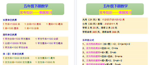 【2026寒假2页】五年级下册数学 常考知识——寒假预习