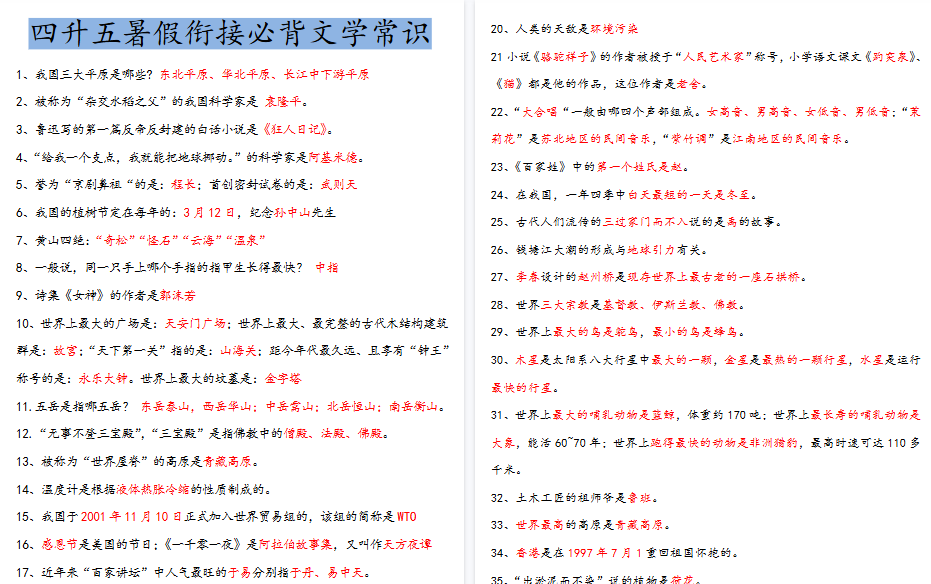 【3页高清完整版】《四升五暑假衔接必背文学常识》五年级上册语文