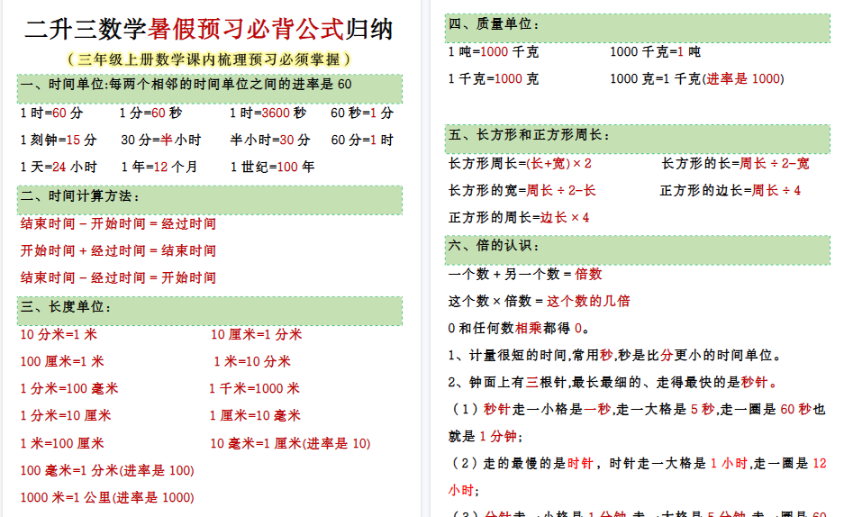 【5页高清完整版】26秋二升三数学暑假预习必背公式归纳
