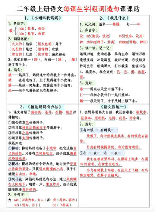 《2025春新课改二年级上册语文每课生字组词造句课课贴》