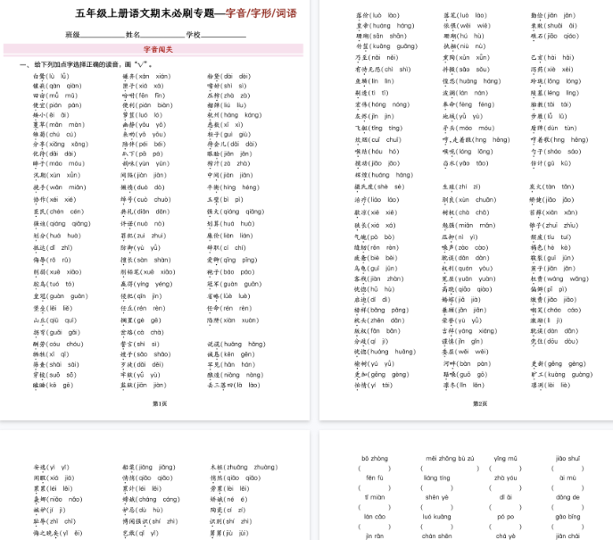 【16页完整版】五年级上册语文期末必刷专题字音字形四字词语（成语）