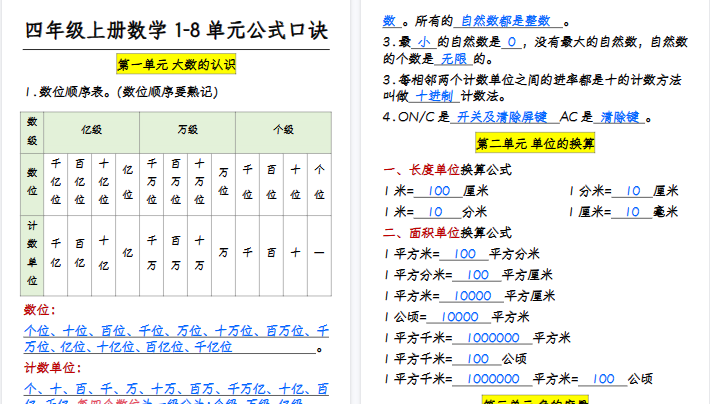 【12页高清完整版】26秋四年级上册数学公式