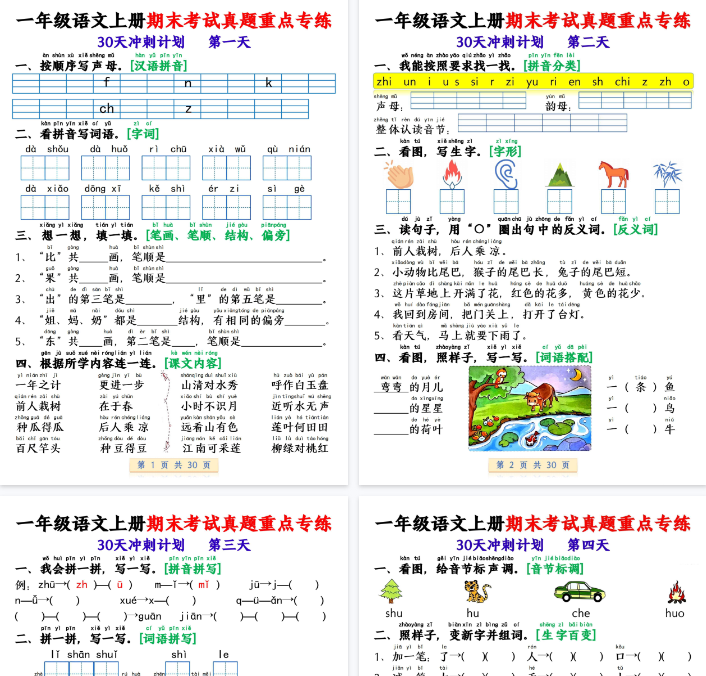 【30页完整版】一年级(上)语文期末复习每日一练30天冲刺计划
