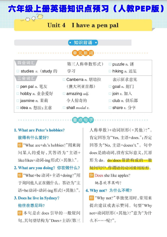 7页！六年级上册英语知识点预习2（人教PEP版）