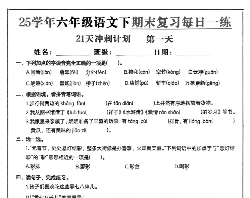 21页！2025春六下语文期末21天冲刺计划