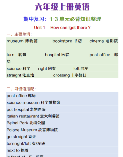 六年级上册英语期中复习1-3单元必背知识整理