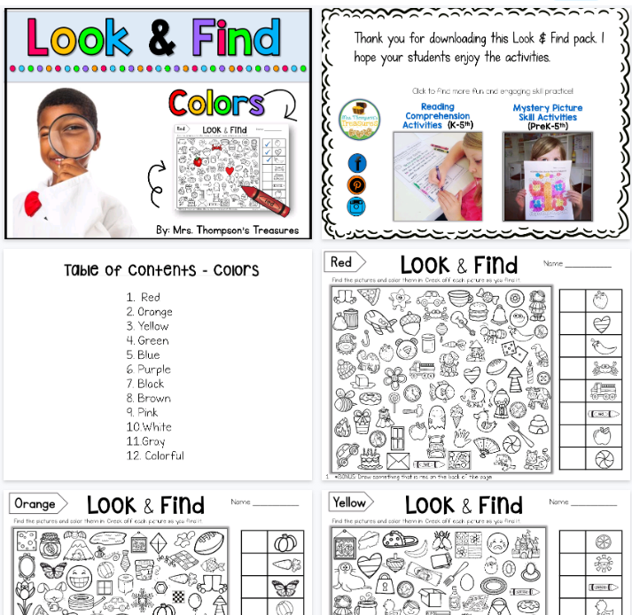 【29页高清彩色版】LookFindHiddenPicturePuzzlesColors【完整可直接打印】英文专注力练习纸
