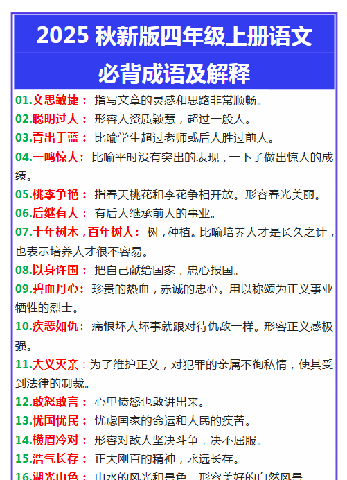 【2025秋新版】四年级上册语文必背成语及解释