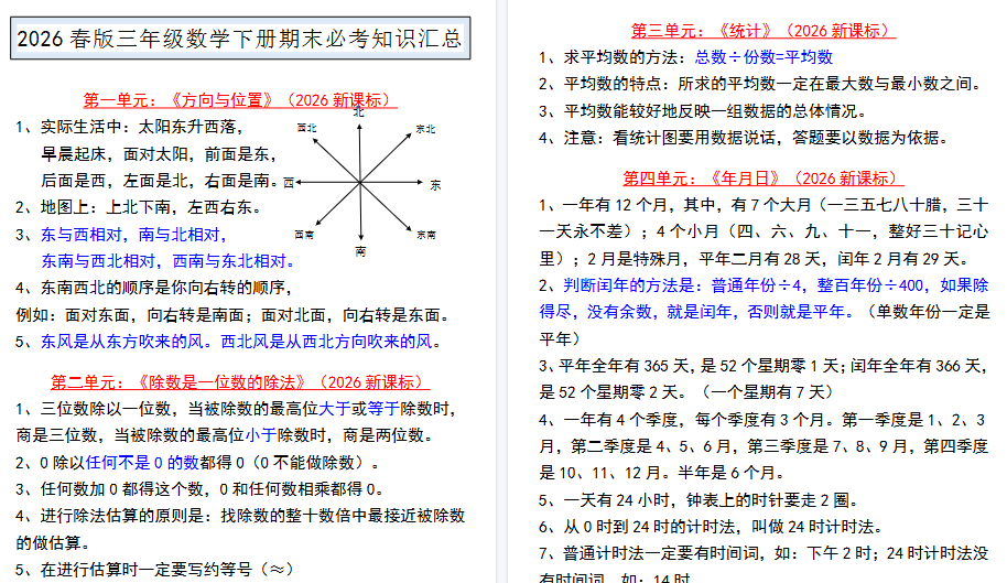 2026春新版三年级数学下册期末必考知识汇总
