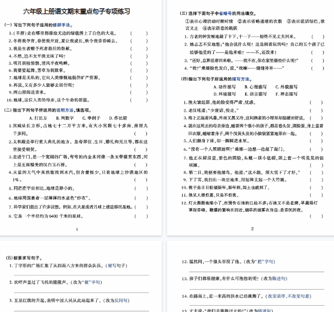 【14页完整版】六年级上册语文期末重点句子专项练习