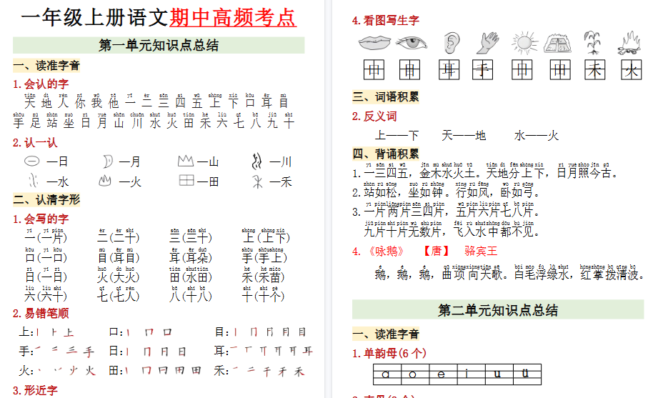 【7页高清完整版】26秋一年级上册语文期中高频考点