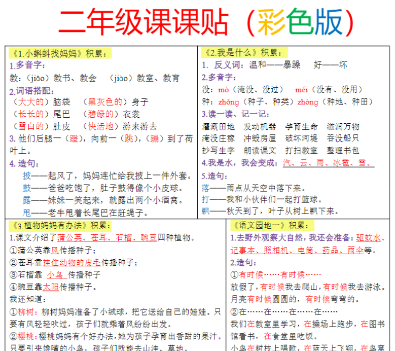 【课课贴】2年级上册每课重点生字组词认读贴，贴在课本空白处