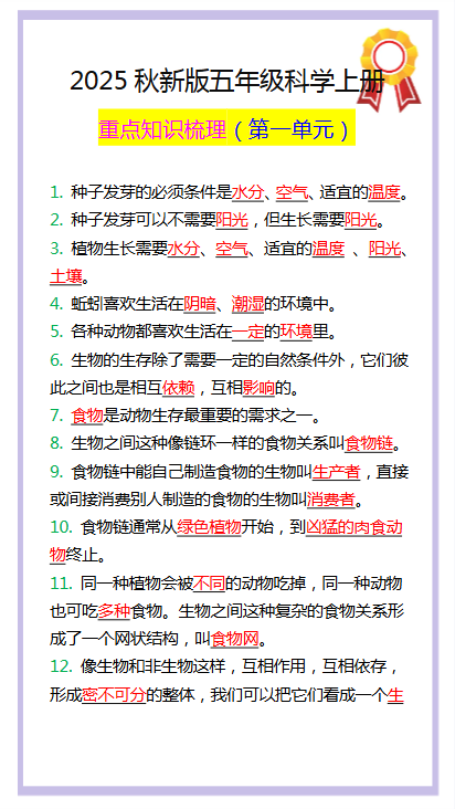 【2025秋新版】五年级科学上册重点知识梳理,第一单元预习笔记!