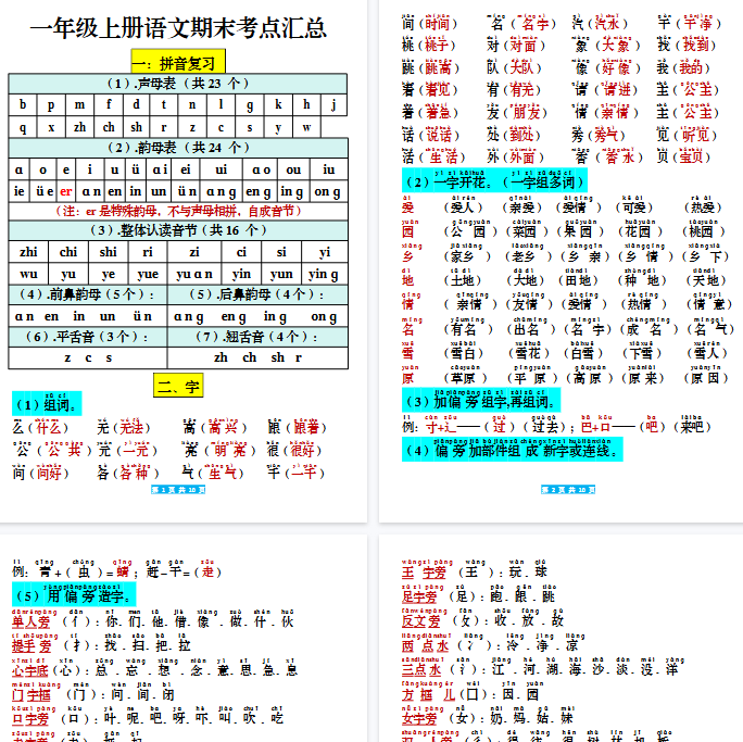 【10页完整版】一年级上册语文期末考考点汇总