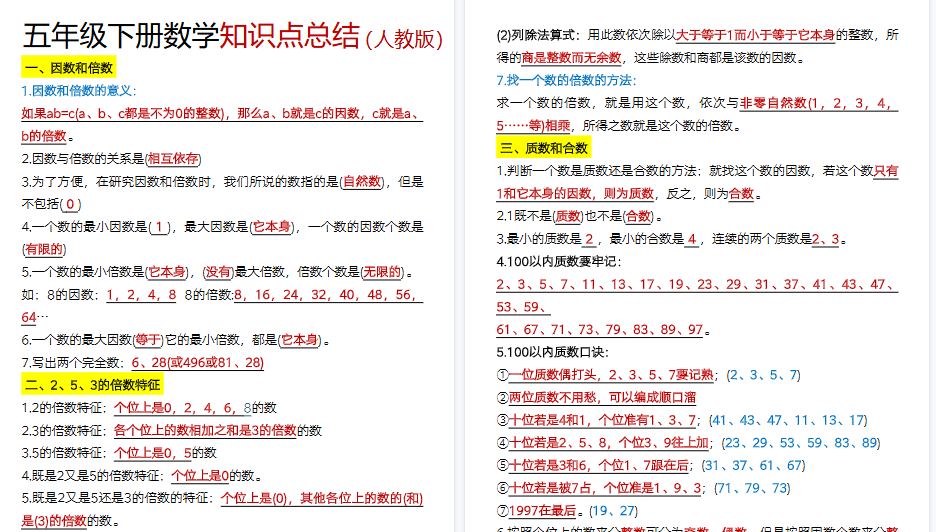 【6页高清完整版】数学五年级下册必背知识点汇总