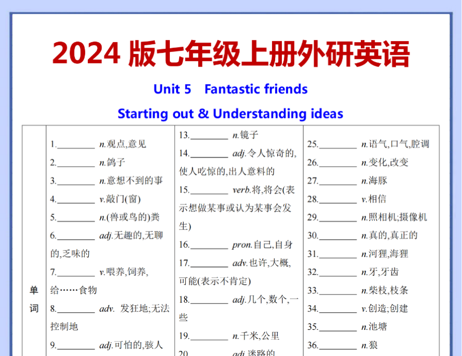 【七上外研英语】2024版 U5词句背默
