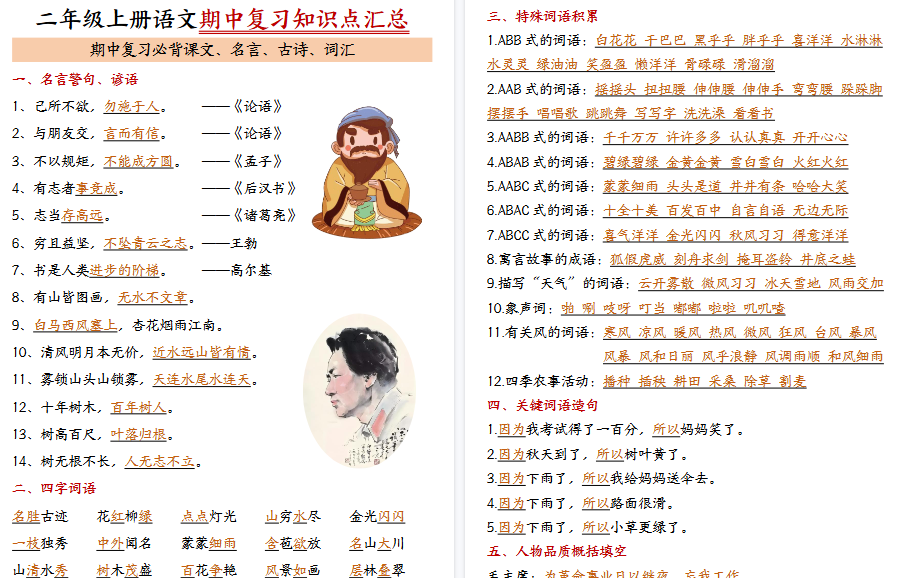 【11页高清完整版】26秋二年级上册语文期中复习知识点汇总