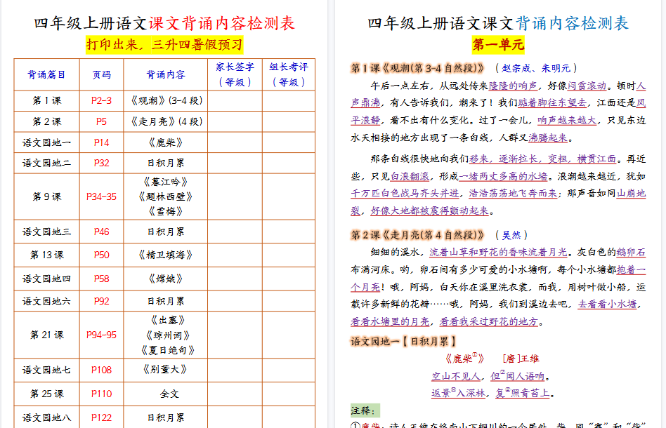 【13页高清完整版】三升四暑假预习四上语文课文背诵内容检测表