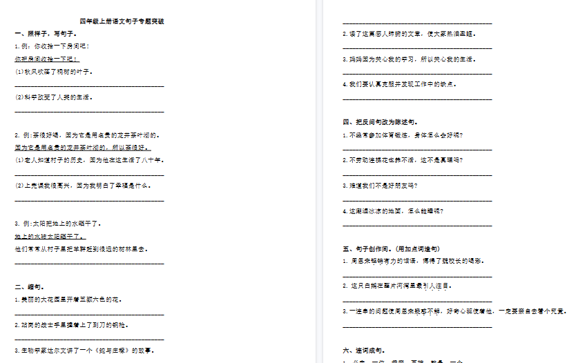 【5页高清完整版】四（上）语文多类句子专题突破