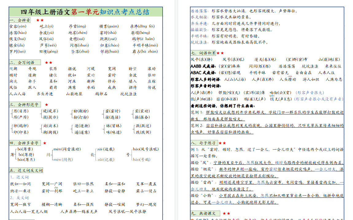 四上语文1-8单元知识点考点总结+同步期末默写单(51页)