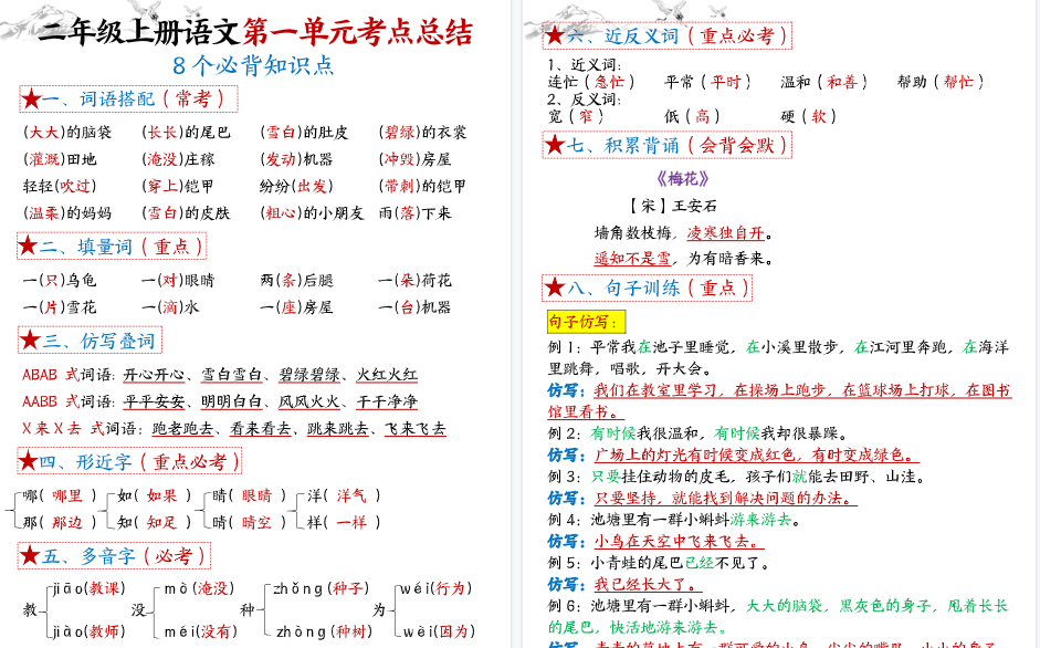 【16页高清完整版】二上语文【1-8单元考点默写答案】
