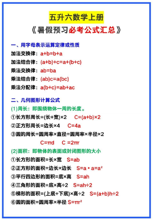 5页！五升六数学暑假《必考公式》整理汇总