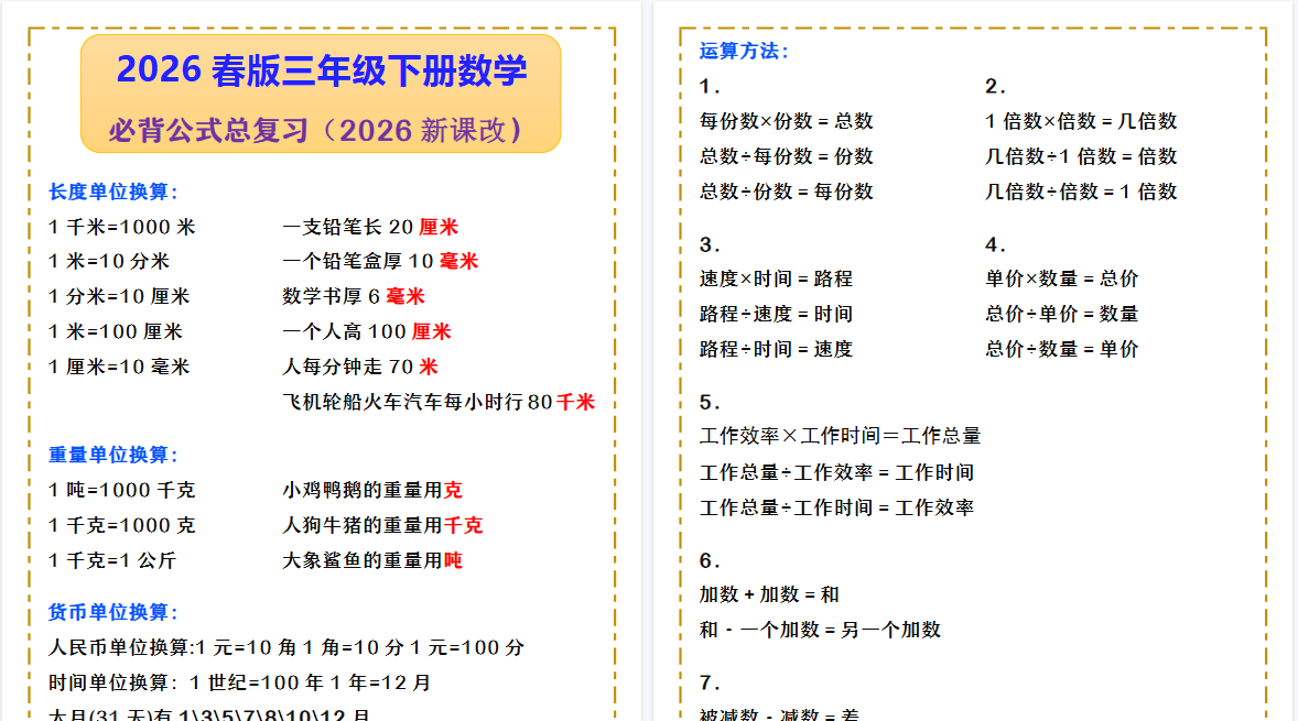 2026春新版三年级下册数学 必背公式总复习