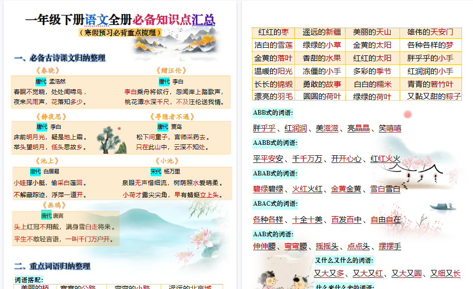 【2026春10页完整版】一年级语文【寒假预习-全册知识点汇总】