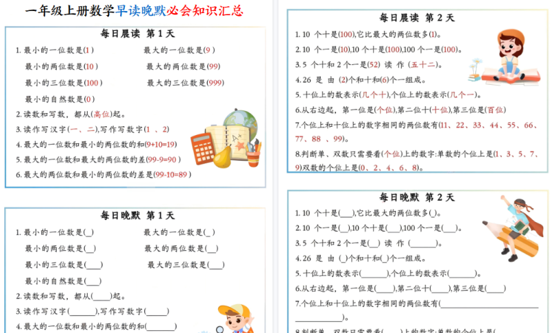 【2026秋高清10页】一年级(上)数学早读晚默必会知识汇总