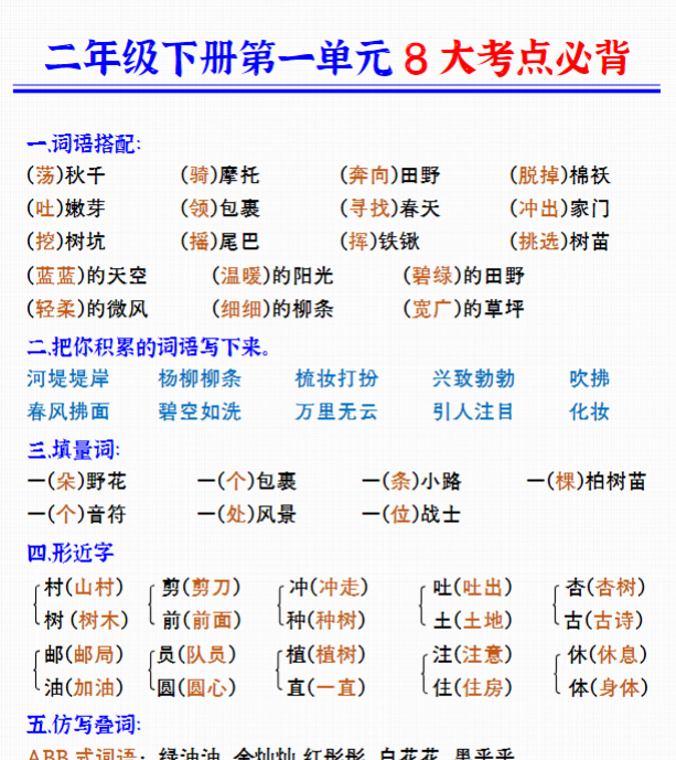 【高清电子版】二下册第四单元8大考点必背